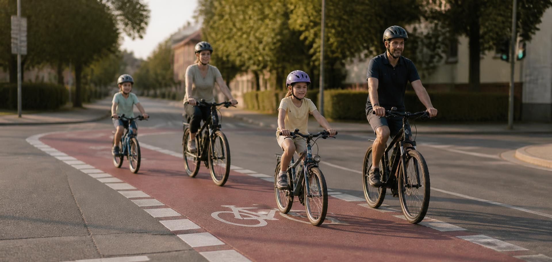 Familie fährt auf einem rot markierten Radfahrstreifen durch eine Kleinstadt
